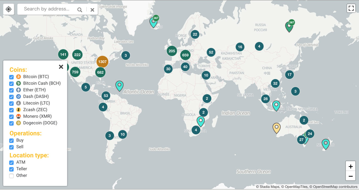 世界各国のビットコインATM設置台数（画像：coinatmradar.com）