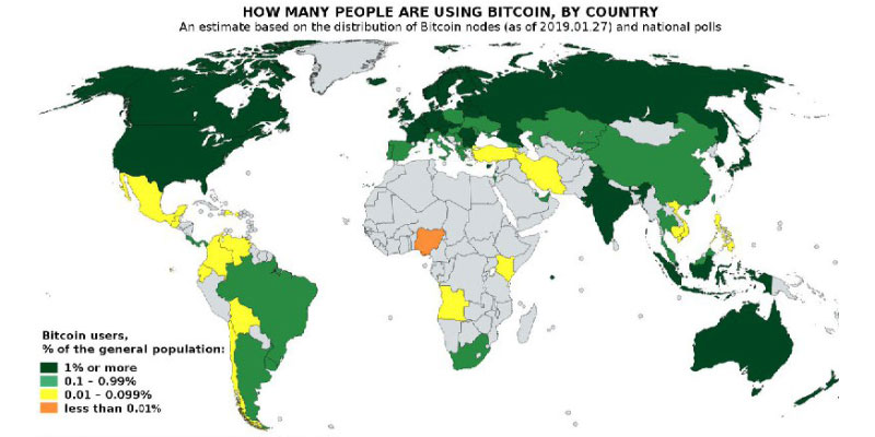 世界各国のビットコインユーザー数の割合を色分けしたマップ（画像：The meta friend）