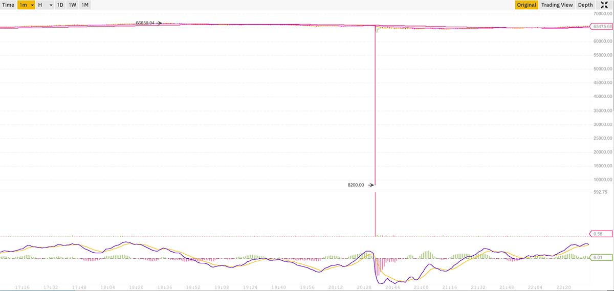 BinanceUSのBTC/USD市場で2021年10月21日20時30分頃に発生したフラッシュクラッシュ（画像：Binance.us）