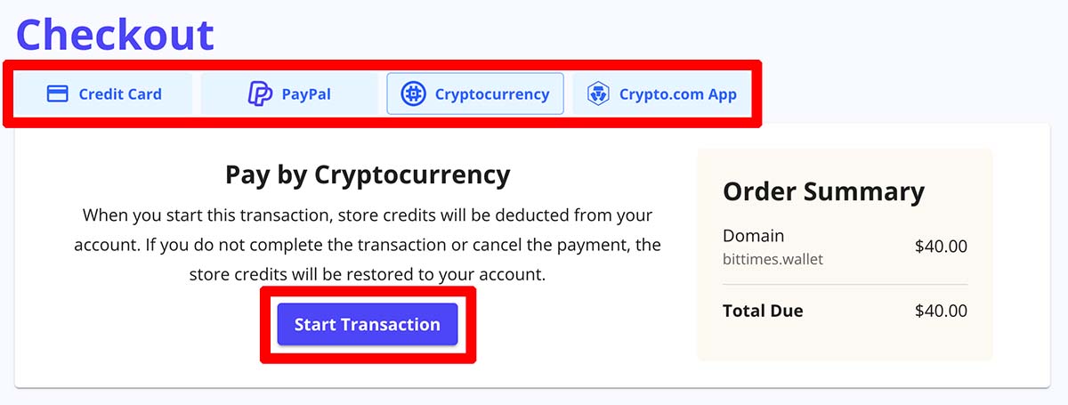 利用したい支払い手段を選択。仮想通貨を使用する場合は「Cryptocurrency」を選んで「Start Transaction」をクリック