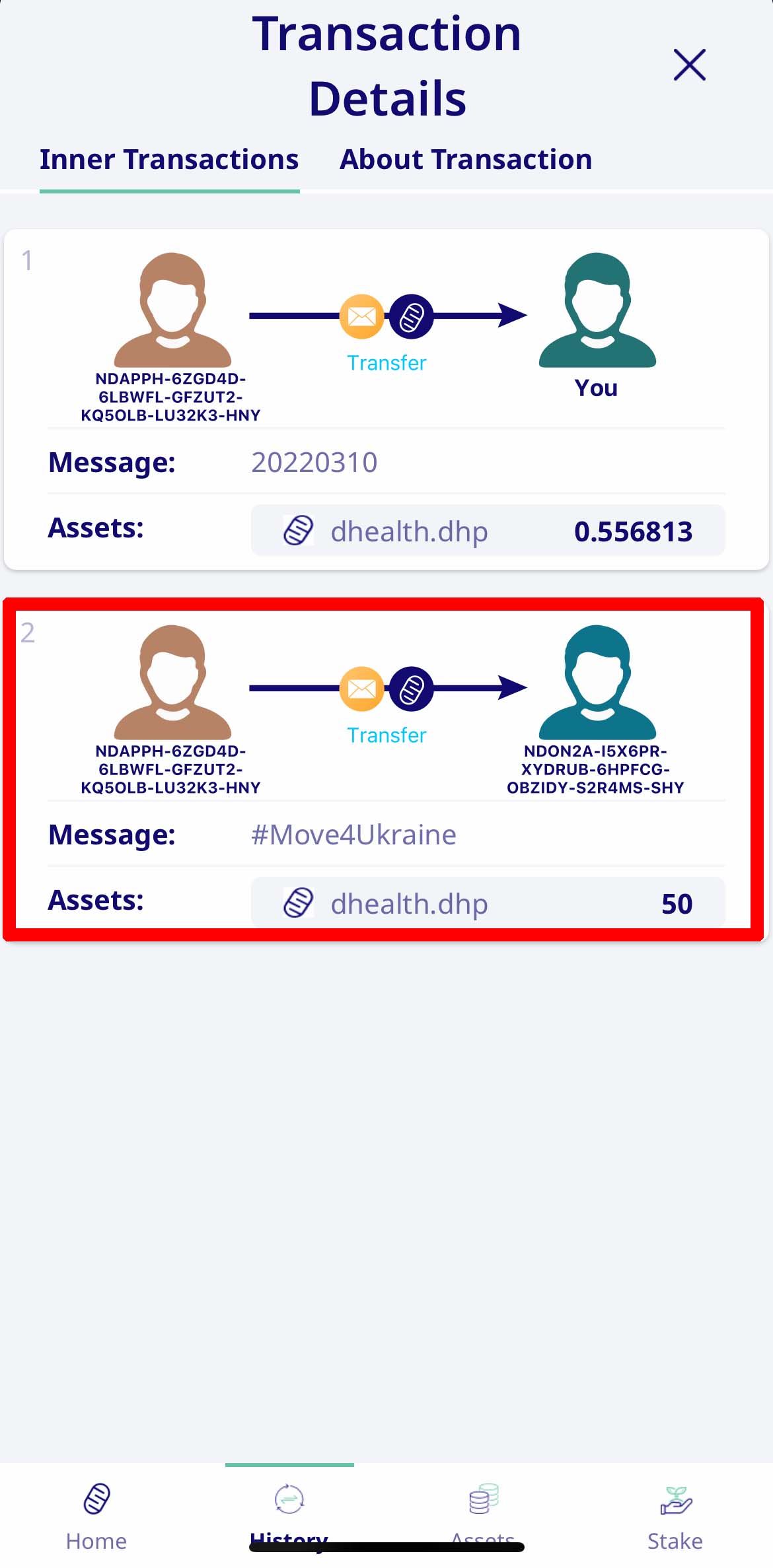 「dHealth Wallet」のトランザクション履歴から小児病院への寄付内容が確認可能