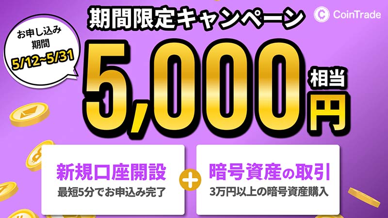 コイントレード「5,000円相当の仮想通貨がもらえるキャンペーン」開始