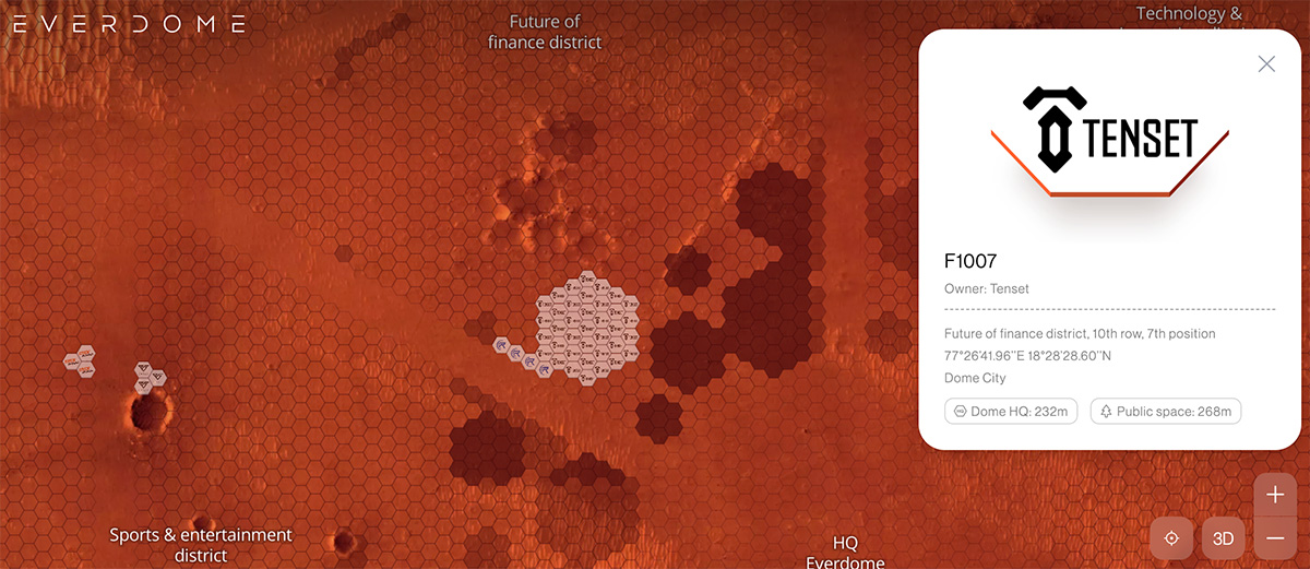 Tensetが取得した土地（画像：Everdome LAND Map）