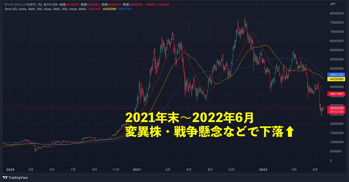 2021年末〜2022年6月 変異株・戦争懸念などで下落（画像：TradingView）