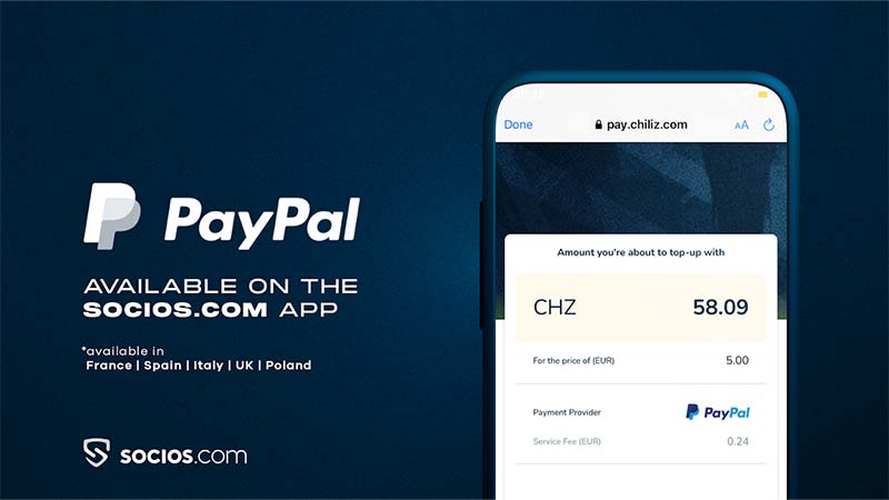 Sociosアプリ「PayPal用いた仮想通貨CHZの購入」が可能に｜EEA5カ国で対応