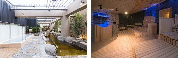 左：東京ドーム天然温泉 スパ ラクーア、右：スパ ラクーア内サウナ（画像：三菱UFJ信託銀行）