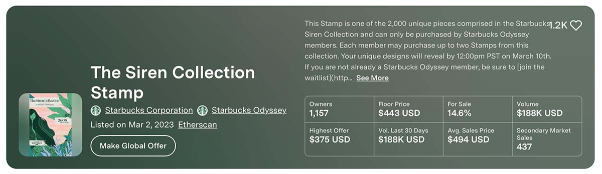 2023年3月11日時点における「The Siren Collection」の二次販売情報（画像：Nifty Gateway）