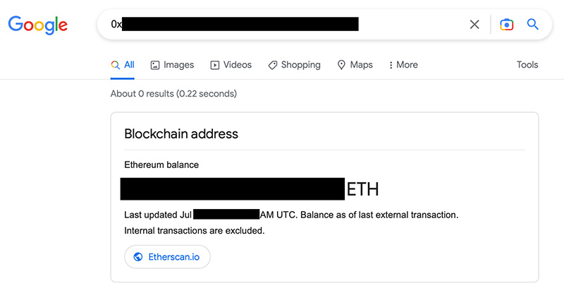 ETHアドレスを検索すると「保有残高・最終取引日時・Etherscanへのリンク」が表示される